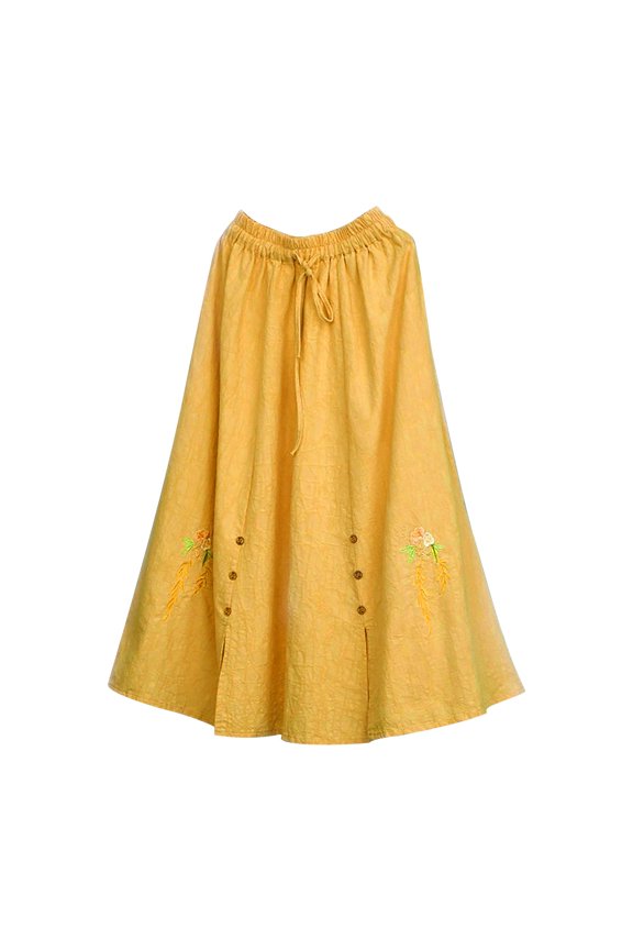 Women's Midi Skirt Vintage Floral Embroidered Cotton Linen Skirt A Line Elastic Waist Lightweight Long Skirt(Plus Size) Yellow XL
