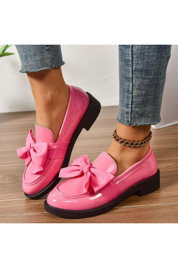 Women's One-Foot Shoes Fashion Casual Spring Cute Style Faux Leather Shoes Solid Color Bow Thick Heel Low Heel Loafers