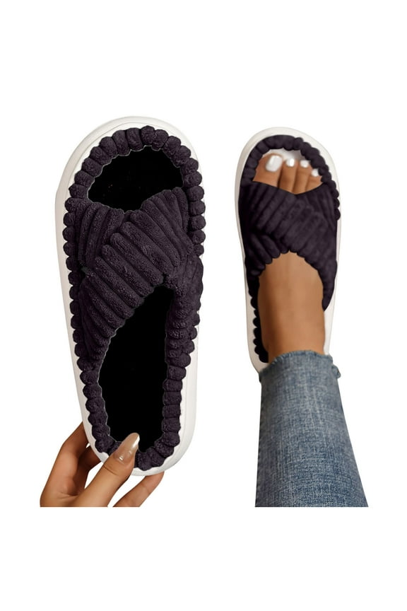 Women's Open Toe Slippers Fuzzy House Slippers Bath Shoe Cozy Criss Crossed Strap Slides Slippers For Ladies