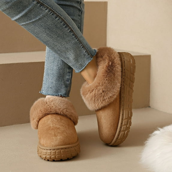 Aueoeo Women's Outdoor Furry Shoes Casual Cute Warm Snow Boots Plus Velvet Thick Warm Closed Toe Shoes