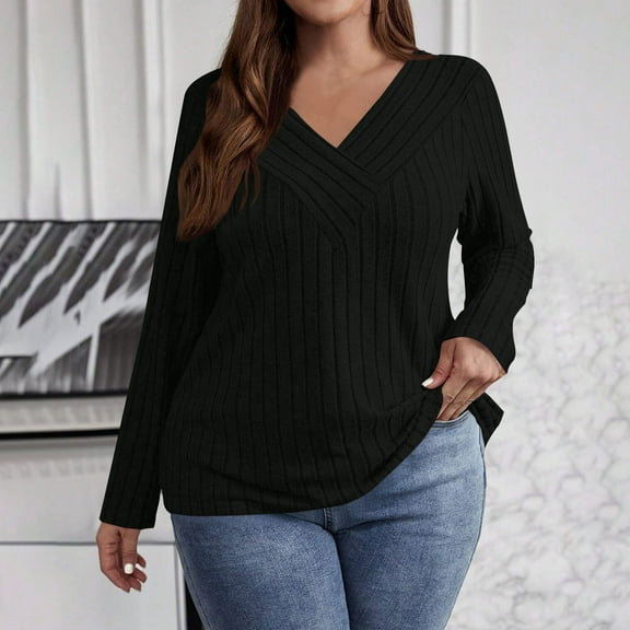 Aueoeo Women's Oversize Shirts Ribbed Soft Comfy Solid Color Long Sleeved V-neck Knitted T-shirt Casual Top