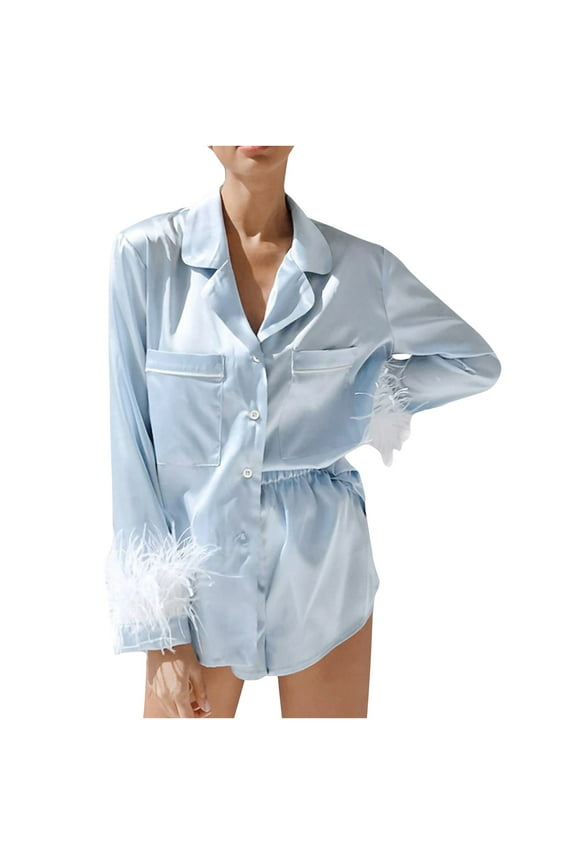 Women's Pajama Set 2 Piece Set Feather Trim Long Sleeve Shirt and Short Pants Nightgown Set Blue L