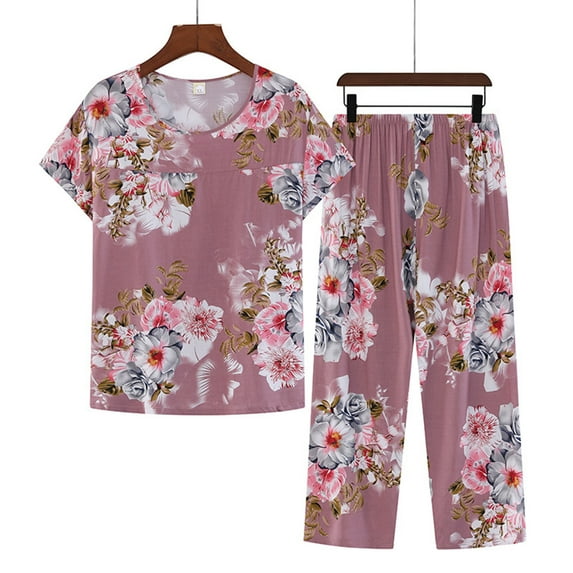 Aueoeo Women's Pajamas Set Short Sleeve Floral Print Sleepwear 2 Piece Round Neck Top Pants Loungewear(Size runs small, choose one size up) Multicolor XX-Large