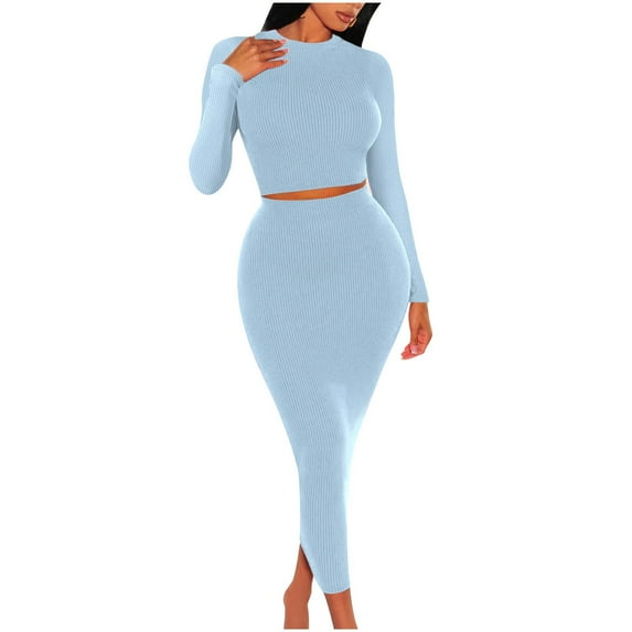 Aueoeo Women's Pajamas, Women Sexy Two Piece Skirt Outfits Long Sleeve Crewneck Bodycon Ribbed Knitted Maxi Club Party Dress