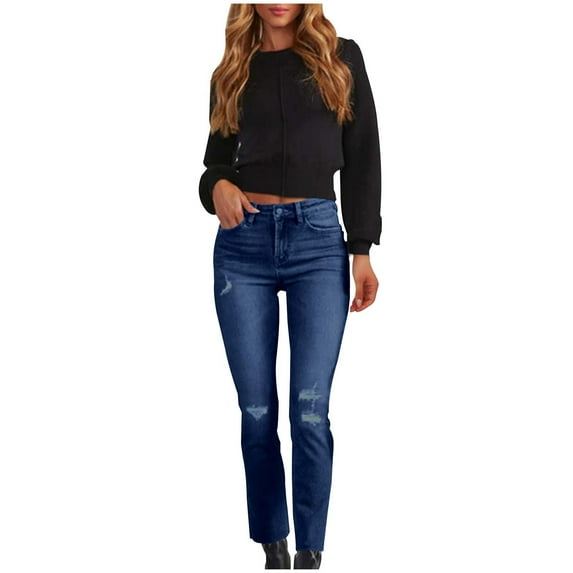 Aueoeo Women's Plus Size Jean Straight Leg Solid Color Button Zipper Pockets Unedged Puncture Length Pants Jeans Baggy Jeans