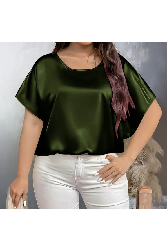 Women's Plus Size Solid Color Round-Neck Short Sleeve Satin Tops – Casual Shirts for Springtime Summer and Fall (L–5Xl),Army Green,XXXXXL