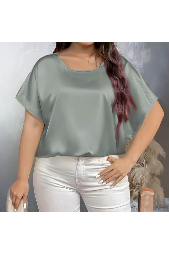 Women's Plus Size Solid Color Round-Neck Short Sleeve Satin Tops – Casual Shirts for Springtime Summer and Fall (L–5Xl),Gray,L