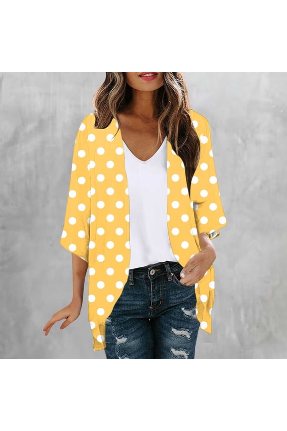 Women's Polka Prints Open-Front Cardigan with 3/4 Sleeve – Casual Stretchy Cover-Up Tops for Springtime and Summer (S-Xxl),Yellow,XL