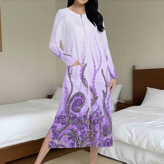 Aueoeo Women's Printed Robes Zipper Crew Neck Nightgown Loungewear Nightdress With Pokets Loose Fitted Pajamas