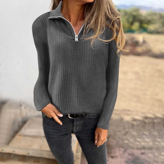 Aueoeo Women's Quarter Zipper Knitted Sweater Solid Color Long Sleeve Streetwear V-neck Dressy Sweater Top