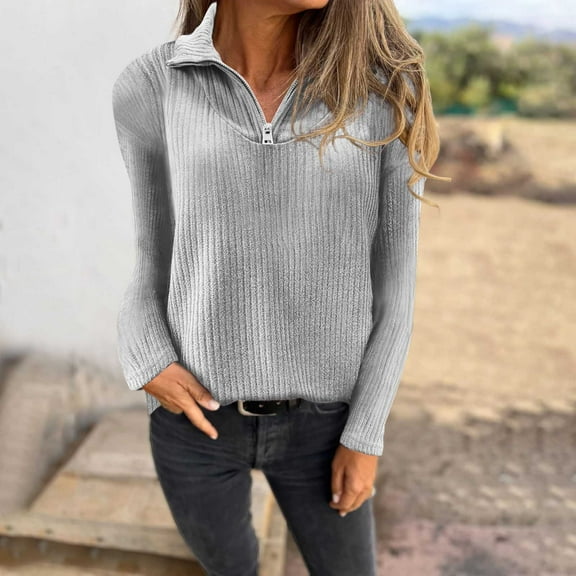 Aueoeo Women's Quarter Zipper Knitted Sweater Solid Color Long Sleeve Streetwear V-neck Dressy Sweater Top