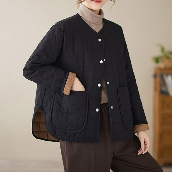 Aueoeo Women's Quilted Jackets Lightweight Full Zip Warm Coat Long Sleeve Cropped Coat Button Up Overcoat