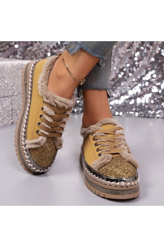 Women's Rhinestone Loafers Patchwork Faux Furs Lined Shoes Fall Winter Trendy Warm Lace-Up Low Heel Shoes