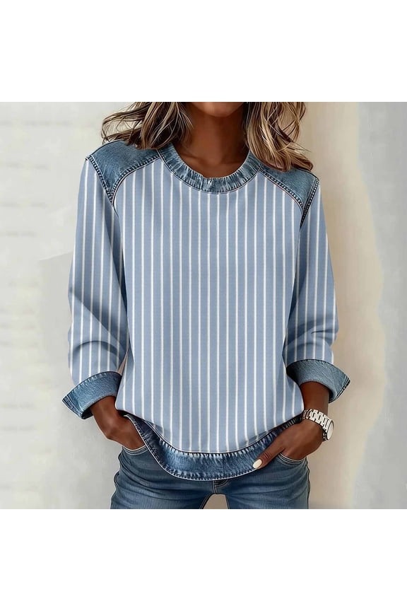 Women's Round Neck Long Sleeve Casual Tops Denim and Stripe Panel, Loose Fits Fashion Blouses for Daily Wear (S–3Xl),Blue,XXXL
