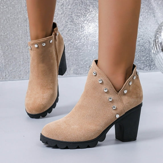 Aueoeo Women's Round Toe Ankle Boots, Mid Heel Side Zipper Short Boots, Fall Winter Daily Boots Shoes WIth Rhinestones Decoration Brown