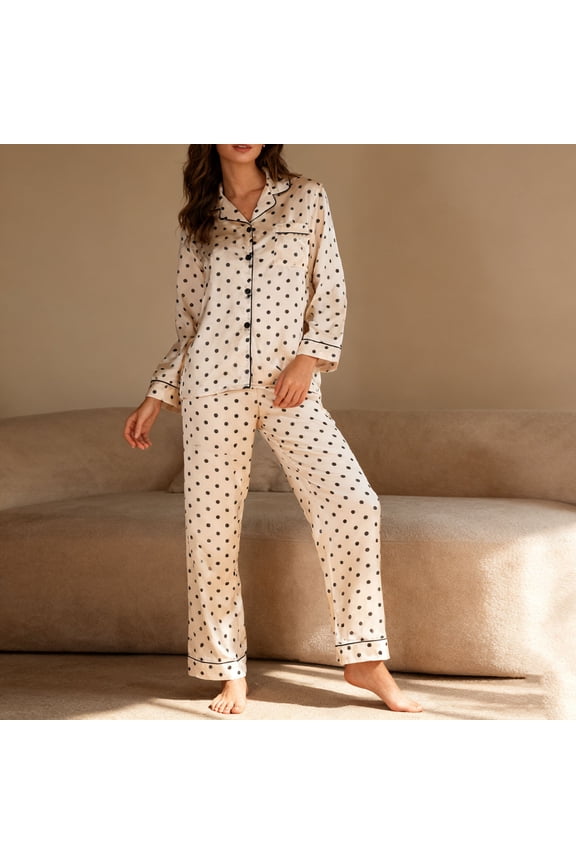 Women's Satin Pajamas Set Long Sleeve Polka Dots Sleepwear Button-Down Soft Loungewear Pjs Set
