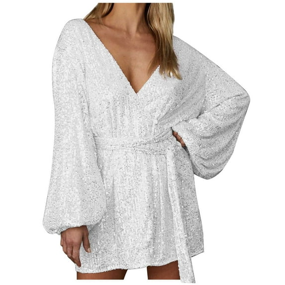 Aueoeo Women's Sequins Dress Fashion Long Sleeve Dress V Neck Casual Party Dress Casual Elegant Work Loose Dress