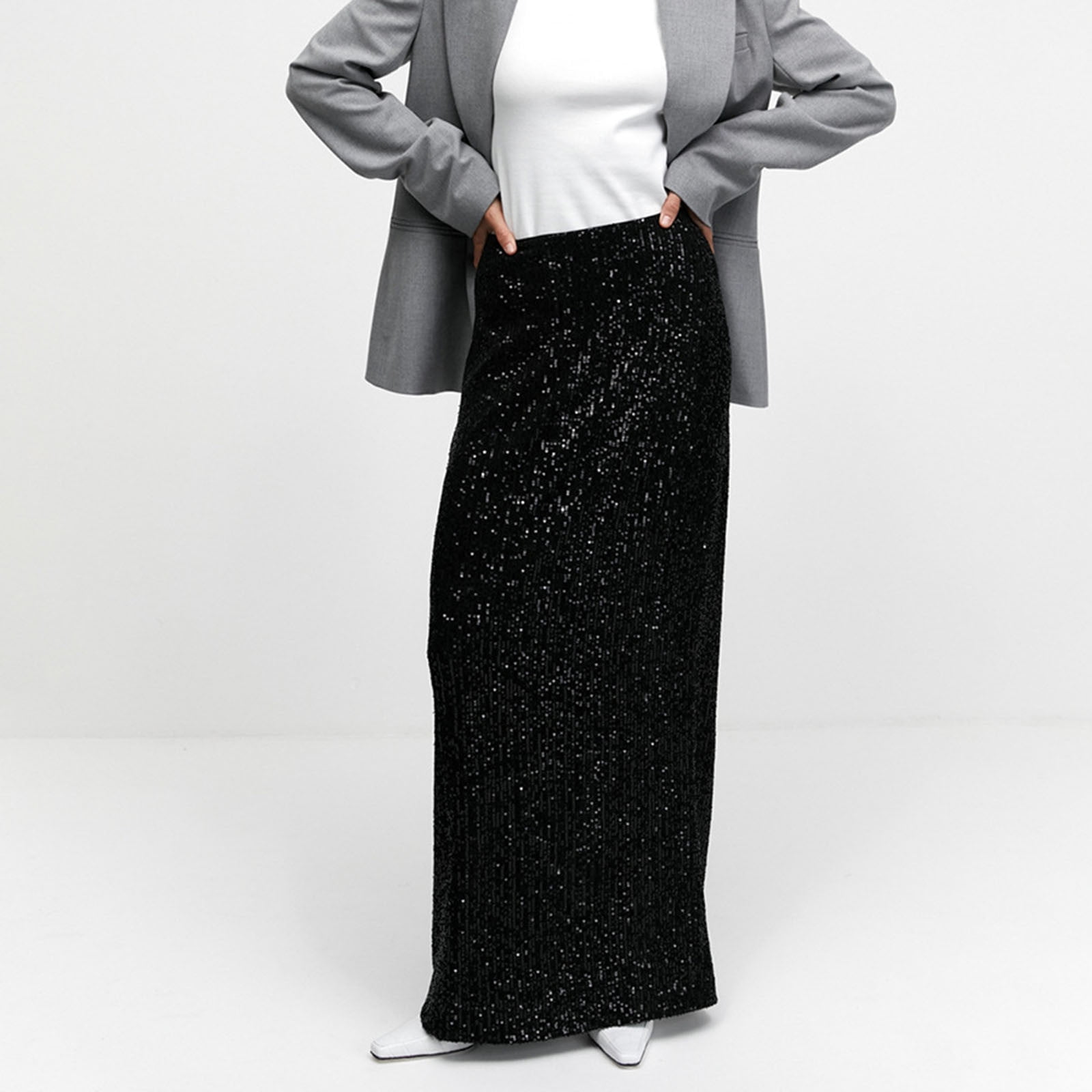 High Waist Shiny Sequin Midi Party Skirt