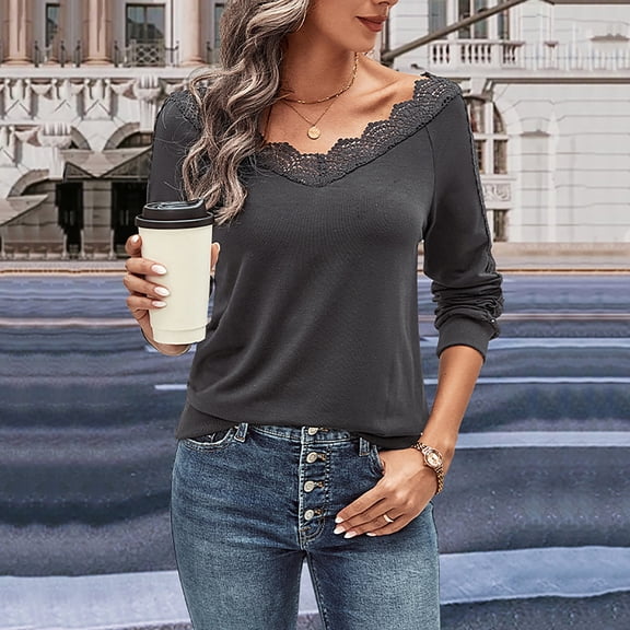 Aueoeo Women's Shirt Long Sleeve Pullover Lace Crew-neck Solid Color T-Shirt Slim Fits Casual Blouse Dark Gray L