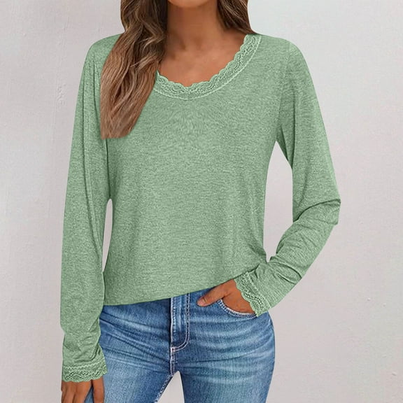 Aueoeo Women's Shirt Long Sleeve Pullover Lace Crew-neck Solid Color T-Shirt Slim Fits Casual Blouse Green S