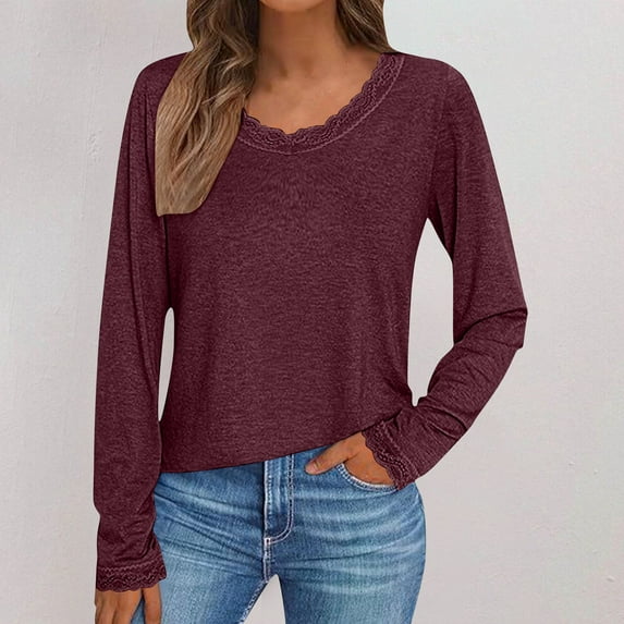 Aueoeo Women's Shirt Long Sleeve Pullover Lace Crew-neck Solid Color T-Shirt Slim Fits Casual Blouse Wine XL