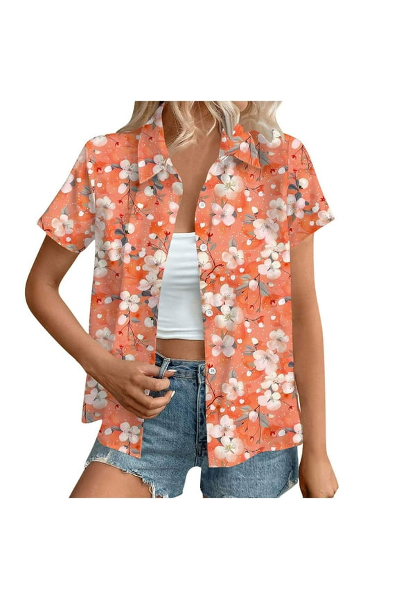 Women's Short Sleeve Blouses Lapel Collar Casual Graphic Printed Button Up T-shirt Fashion Dressy Shirts