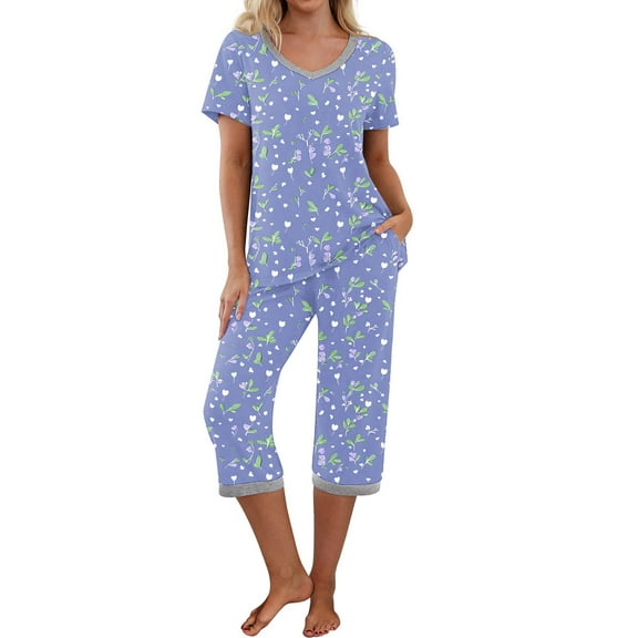 Aueoeo Women's Sleepwear Capris Printed Pajama Sets Short Sleeve Two-Piece Pjs V Neck Tops & Capris Pants with Pockets Purple S
