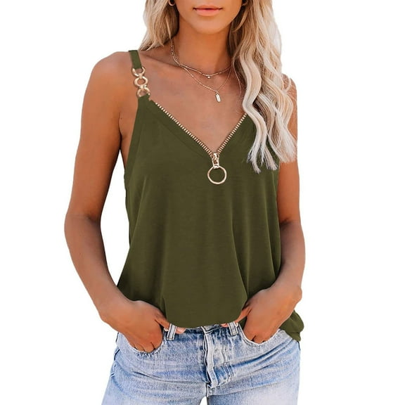 Aueoeo Women's Sleeveless Tank Top Summer V Neck Zipper Cami Tee Shirts Blouses Metal Ring Strap Fashion Casual Vests