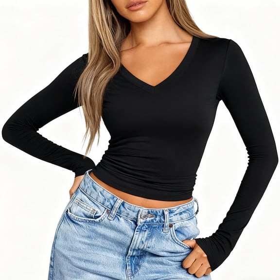 Aueoeo Women's Slim Fitted Tops Casual Long Sleeved V Neck Top Lightweight Dressy Comfortable Shirts