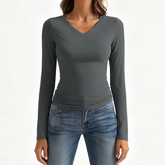 Aueoeo Women's Slim Fitted Tops Casual Long Sleeved V Neck Top Lightweight Dressy Comfortable Shirts