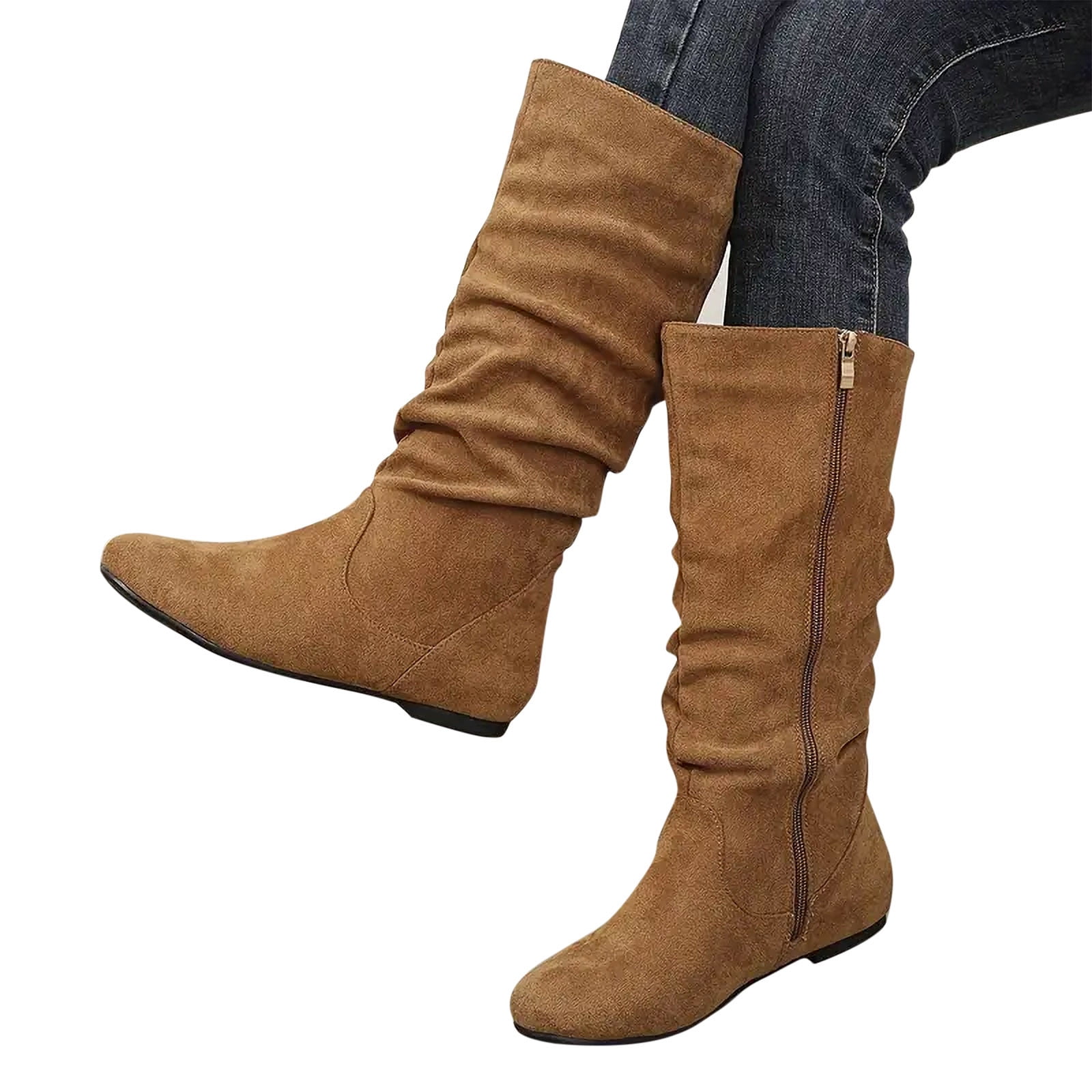 Aueoeo Women's Slouchy Mid Calf Boots Zip up Flat Boots