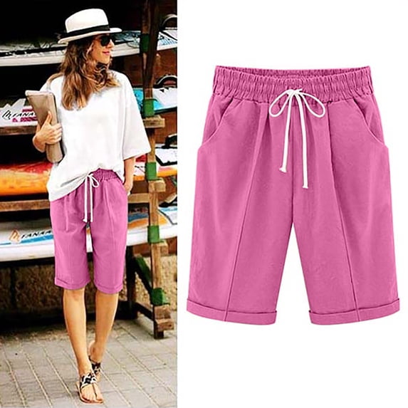 Aueoeo Women's Solid Color Comfy Breathable Cotton-Linen Mixture Casual Half Shorts with Pockets,Hot Pink,L