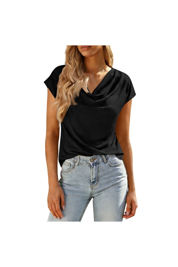 Women's Solid Color Cowl Neck Short Sleeve Tops – Casual Draped Tops with Cap Sleeves for Office-Casual Wear (S–Xxl),Black,XXL