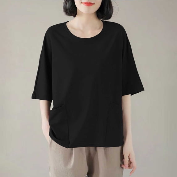 Aueoeo Women's Solid Color Short Sleeve Round Neck Pullover Tops with Pockets Summer Nylon-Spandex Mixture for Active and Casual Wear (S–Xxl),Black,XXL