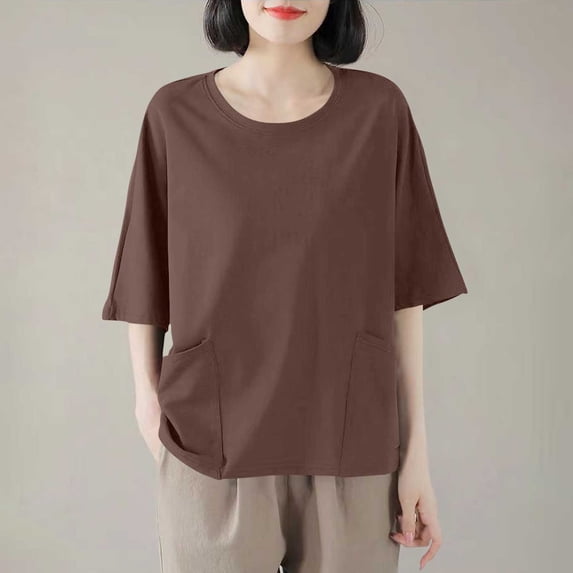 Aueoeo Women's Solid Color Short Sleeve Round Neck Pullover Tops with Pockets Summer Nylon-Spandex Mixture for Active and Casual Wear (S–Xxl),Coffee,L