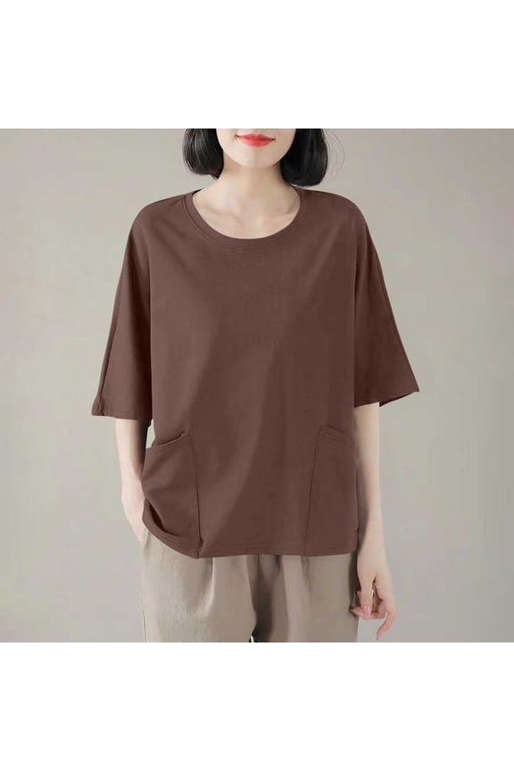 Women's Solid Color Short Sleeve Round Neck Pullover Tops with Pockets Summer Nylon-Spandex Mixture for Active and Casual Wear (S–Xxl),Coffee,XXL