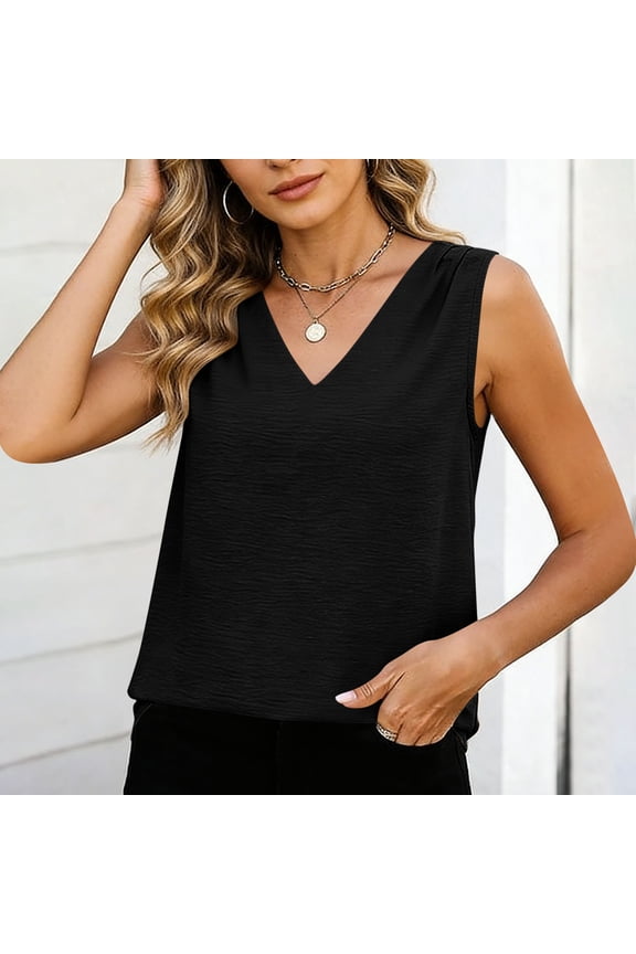 Women's Solid Color V-Neck Sleeveless Top – Lightweight Nylon-Spandex Stretch Camisole with Relaxed Drape for Summer & Layering (S–Xxl),Black,L