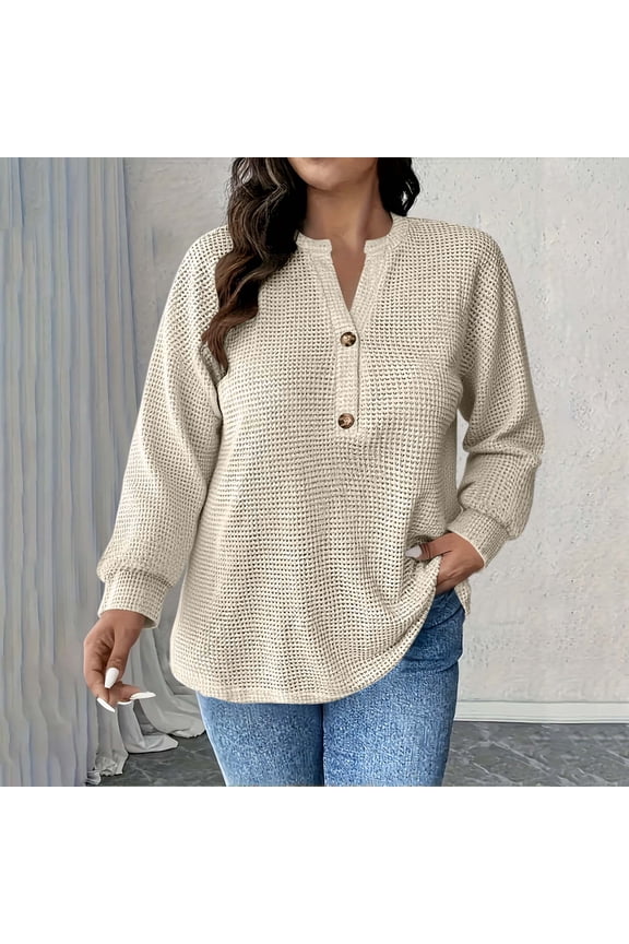 Women's Solid Long Sleeve V-Neck Tops with Button Detail Lightweight Nylon-Spandex Mixture for Active Casual Wear, Springtime and Summer (L–5Xl),Khaki,XXL