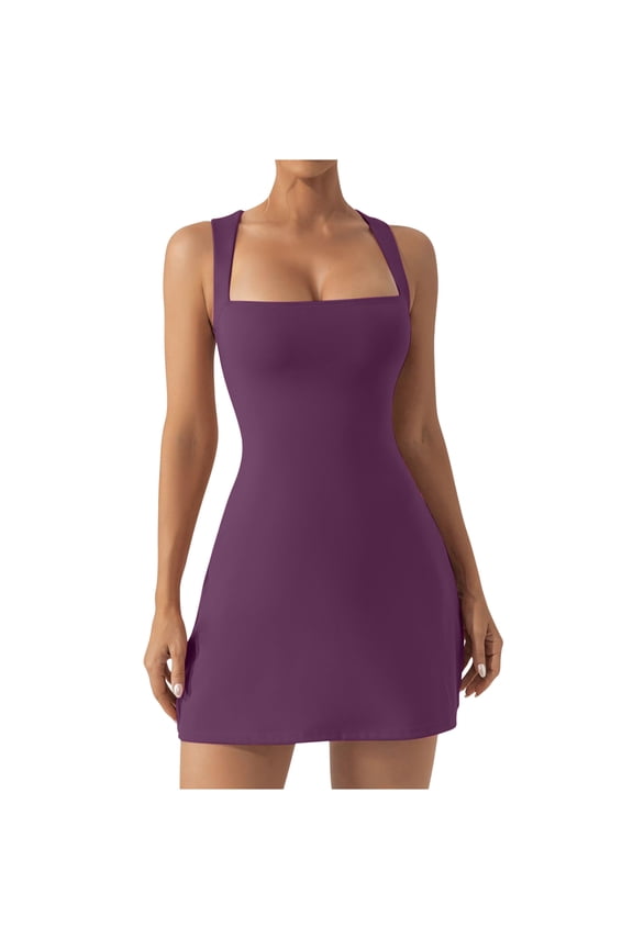 Women's Square Neck Bodycon Dress Sleeveless Tank Dress Elastic Stretch Flare Mini Dress