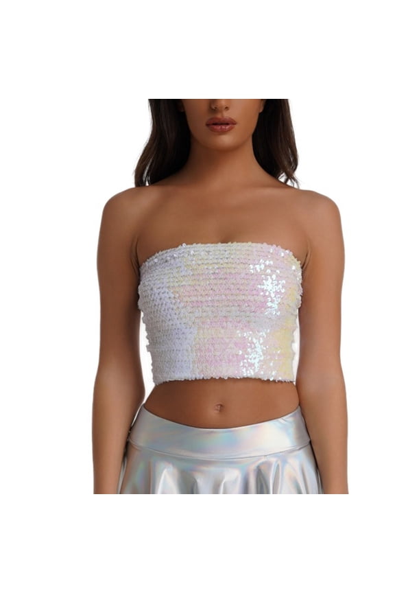 Women's Strapless Cami Tops Fashion Sequin Stretch Wrap Tube Top Dance Performance Costume Top