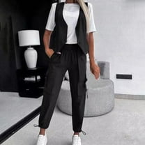 Aueoeo Women's Stripe Two Piece Outfits Sleeveless V Neck Tank Top Button Up Shirt Blouse High Waist Wide Leg Pants Sets