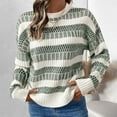 thumbnail image 1 of Aueoeo Women's Striped Knit Sweaters Fall Winter Crew Neck Long Sleeve Casual Sweater Pullover Tops Army Green L, 1 of 6