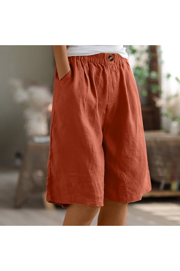 Women's Summer Comfortable Elastic Waist Loose Breathable Half Shorts with Buttons and Pockets,Orange,XXL