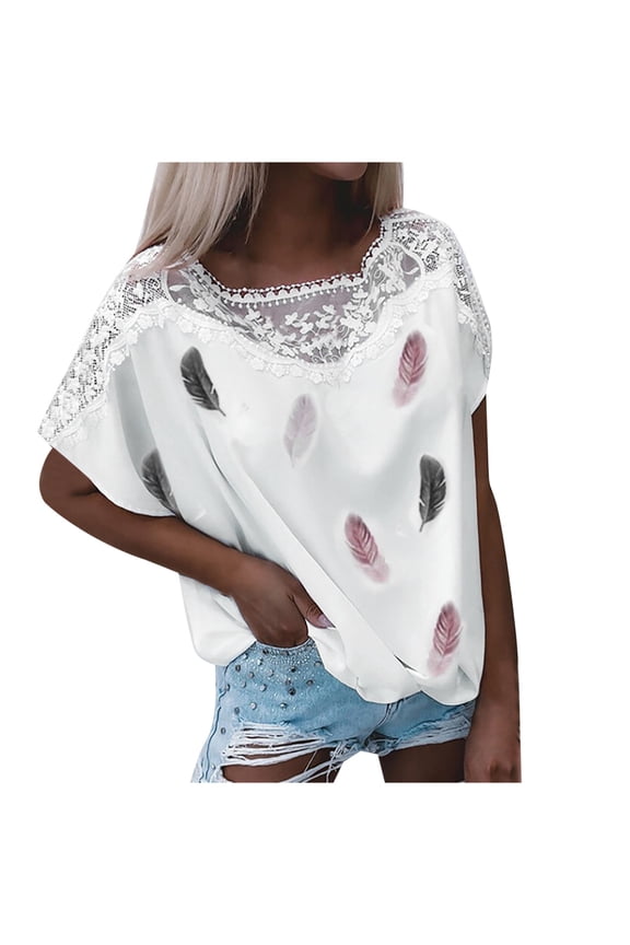Women's Summer Tops Lace Short Sleeve Crew Neck T Shirt Feather Print Loose Casual Tee Blouse Tops