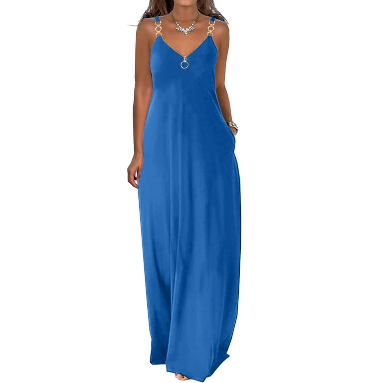 Aueoeo Women's Summer V Neck Spaghetti Strap Dress Sleeveless Tank Dress  Casual Solid Color Long Maxi Dress with Pockets - Walmart.com