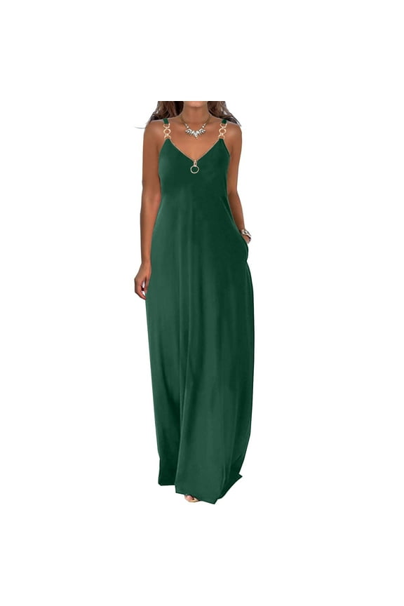 Women's Summer V Neck Spaghetti Strap Dress Sleeveless Tank Dress Casual Solid Color Long Maxi Dress with Pockets