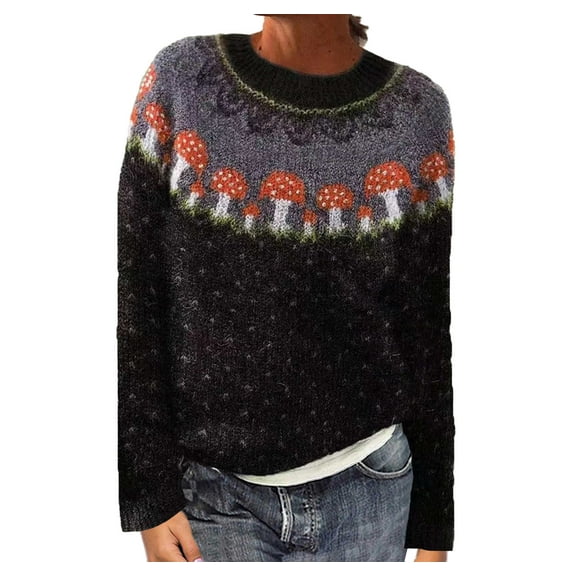 Aueoeo Women's Sweater Casual Colorful Retro Knitted Print Sweater Trendy Fall Winter Warm Comfy Pullover Tops Black M
