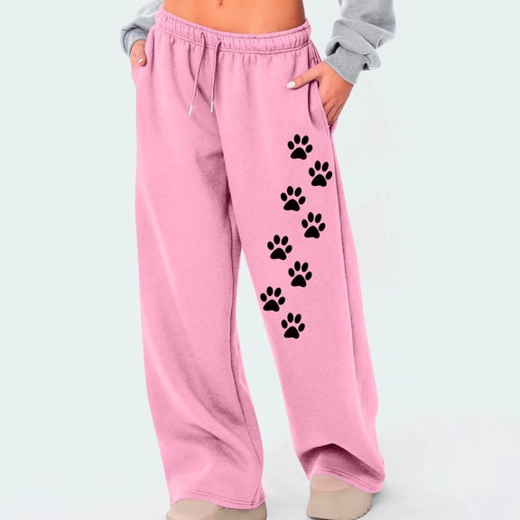 Aueoeo Women's Sweatpants Claws Printed Wide Leg Pants High-Waisted Elastic Drawstring Fall Winter Pants With Pockets Pink M