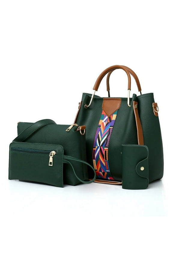 Women's Synthetic Leather Tote Handbag Set, Black, 4-Piece