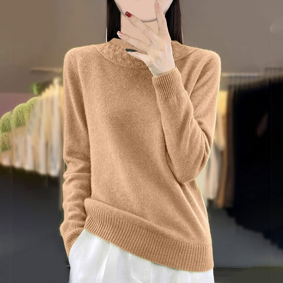 Aueoeo Women's Twists Knit Warm Sweater, Long Sleeve Crew-Neck Casual Pullover Solid Color Lightweight Soft Comfy Sweaters Tops Coffee S